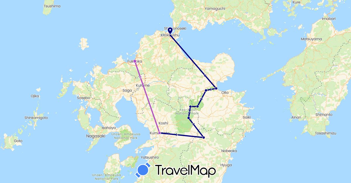 TravelMap itinerary: driving, train in Japan (Asia)